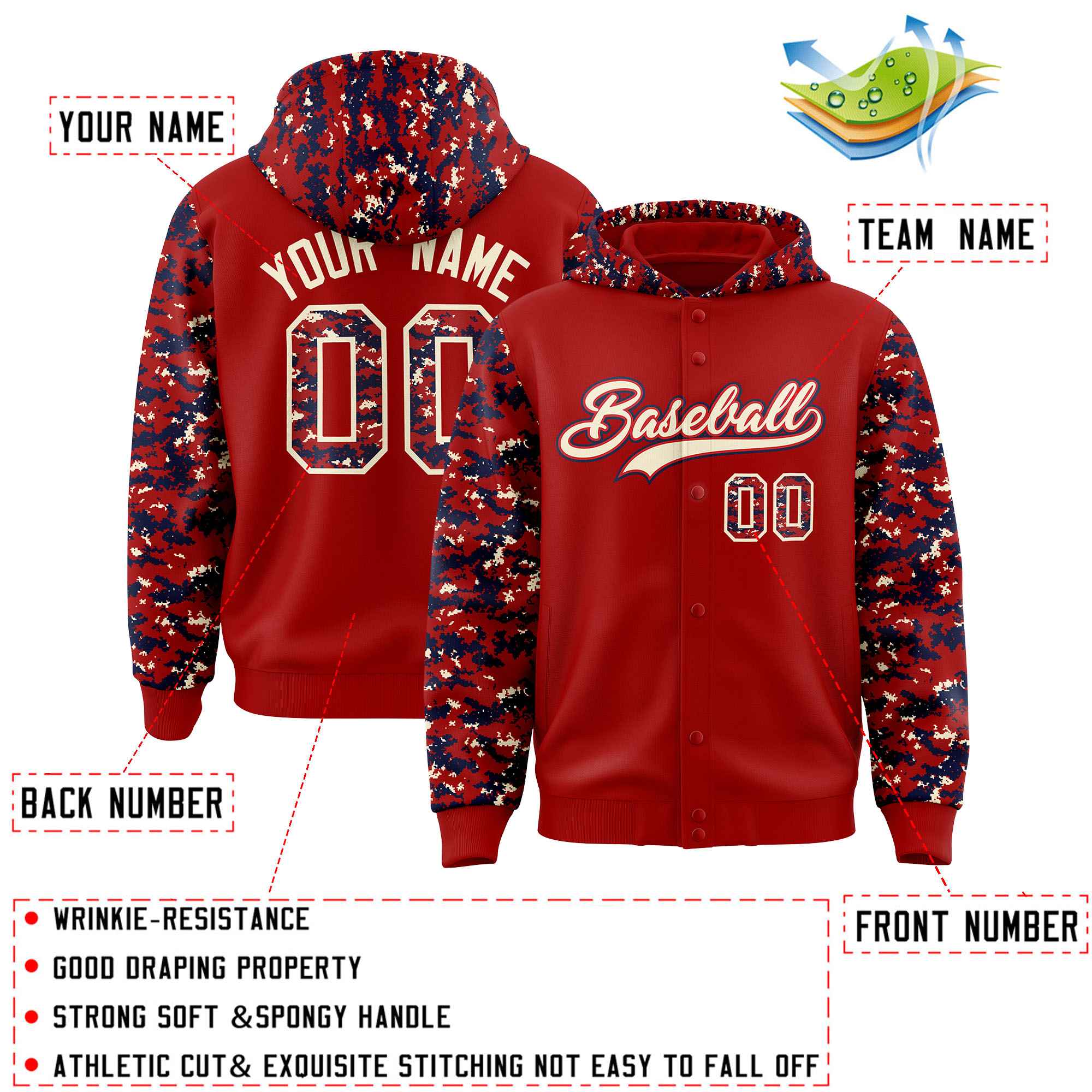 Custom Red Navy-Cream Raglan Sleeves Varsity Full-Snap Letterman Camo Jacket Hoodie| KXKSHOP