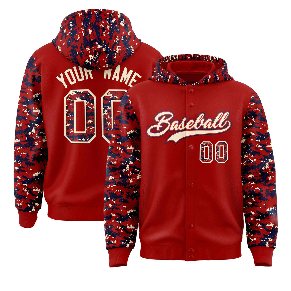 Custom Red Navy-Cream Raglan Sleeves Varsity Full-Snap Letterman Camo Jacket Hoodie| KXKSHOP