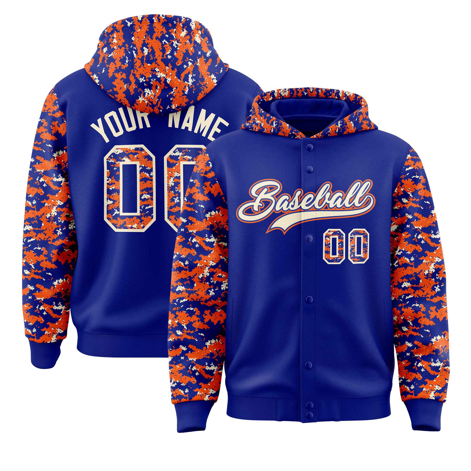 Custom Royal Orange-Cream Raglan Sleeves Varsity Full-Snap Letterman Camo Jacket Hoodie| KXKSHOP