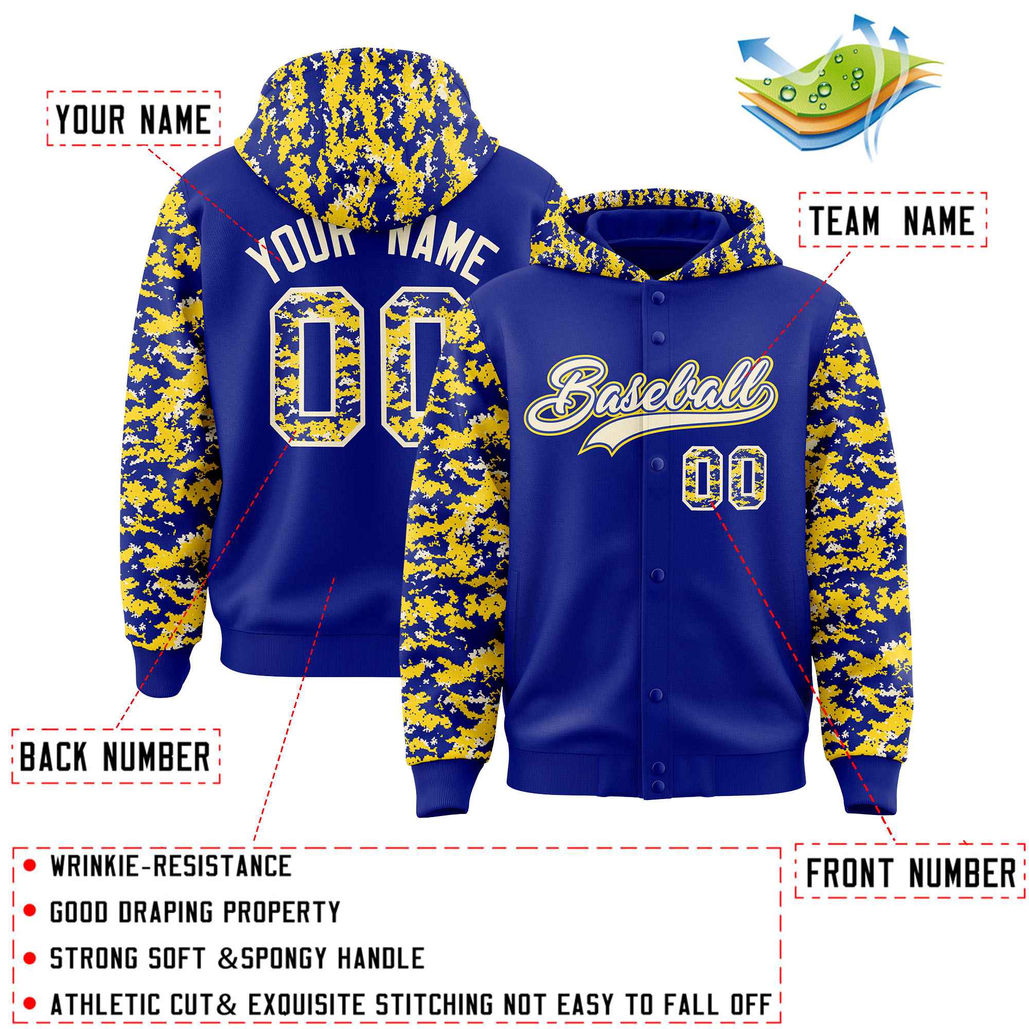 Custom Royal Gold-Cream Raglan Sleeves Varsity Full-Snap Letterman Camo Jacket Hoodie| KXKSHOP
