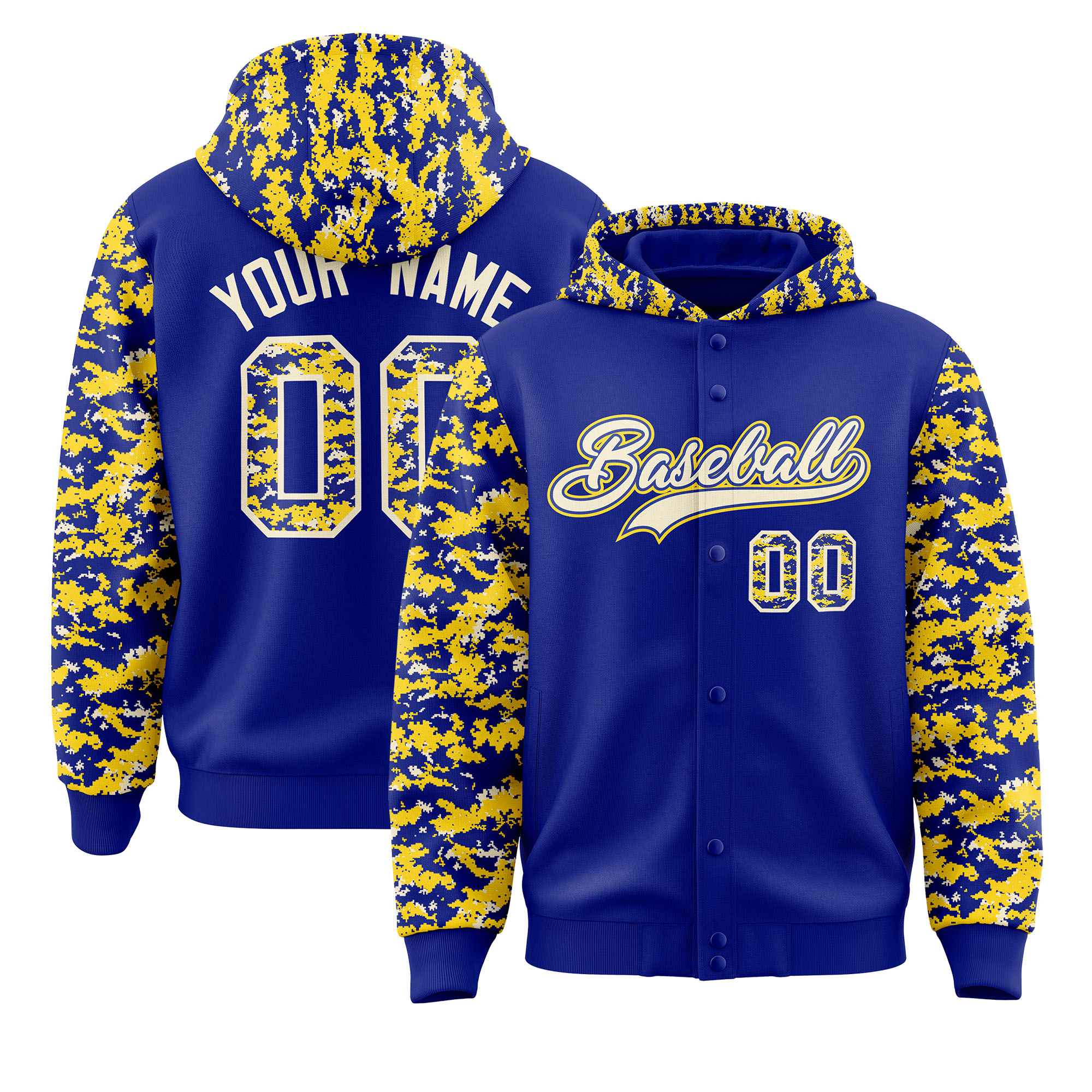 Custom Royal Gold-Cream Raglan Sleeves Varsity Full-Snap Letterman Camo Jacket Hoodie| KXKSHOP