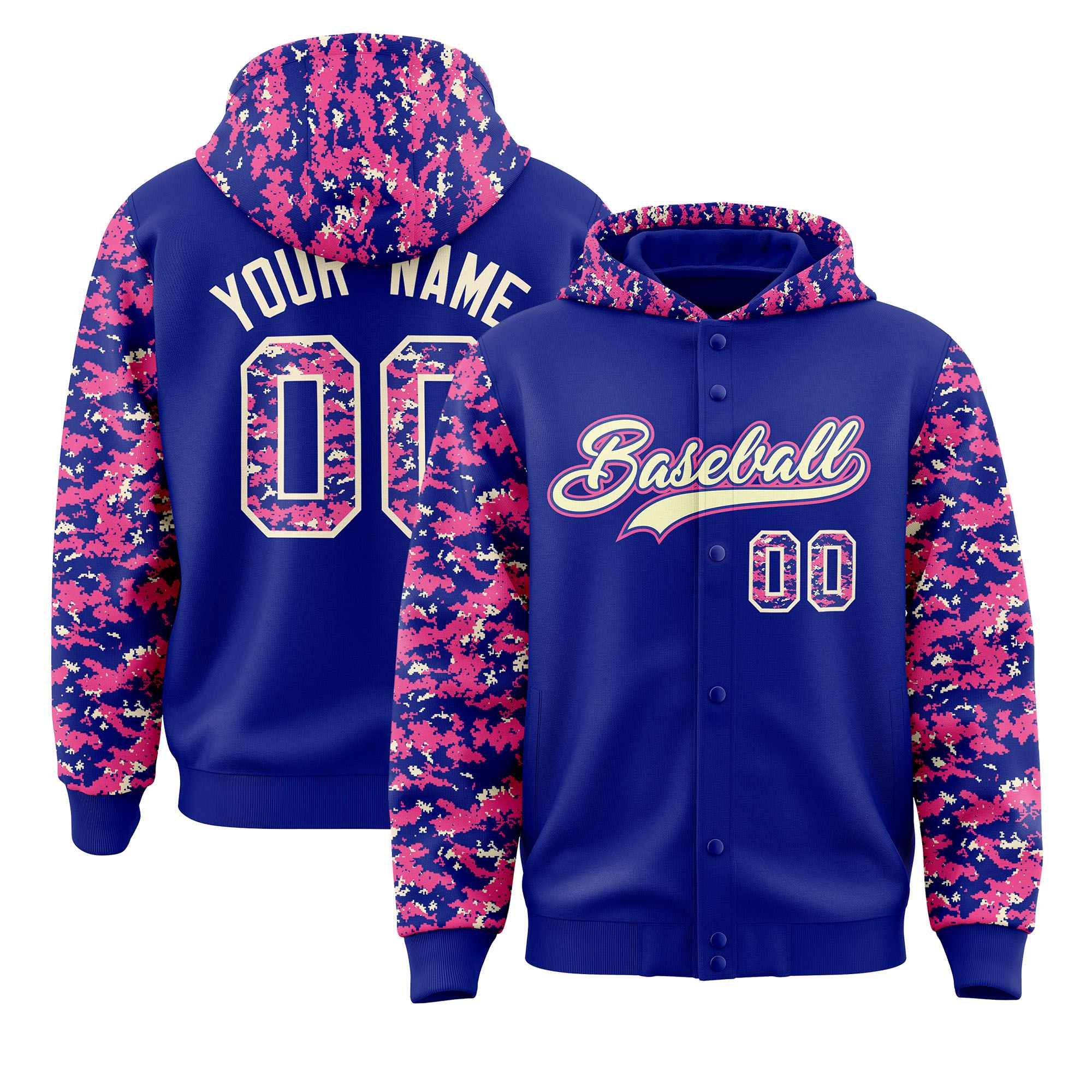 Custom Royal Pink-Cream Raglan Sleeves Varsity Full-Snap Letterman Camo Jacket Hoodie| KXKSHOP