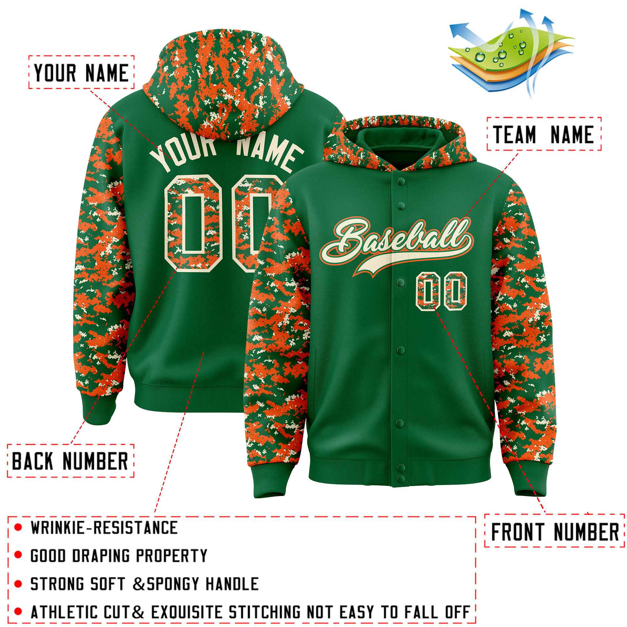 Custom Kelly Green Orange-Cream Raglan Sleeves Varsity Full-Snap Letterman Camo Jacket Hoodie| KXKSHOP