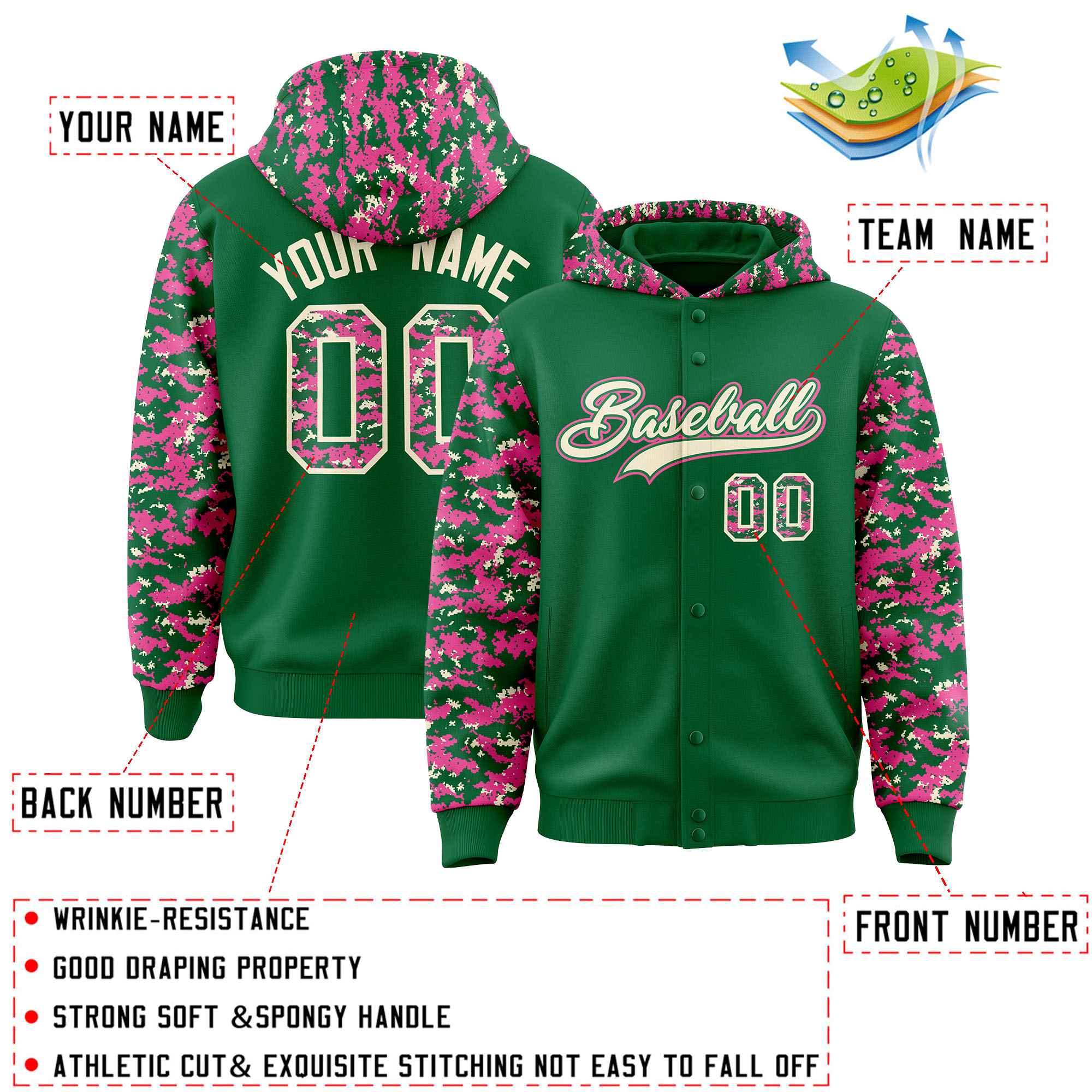 Custom Kelly Green Pink-Cream Raglan Sleeves Varsity Full-Snap Letterman Camo Jacket Hoodie| KXKSHOP