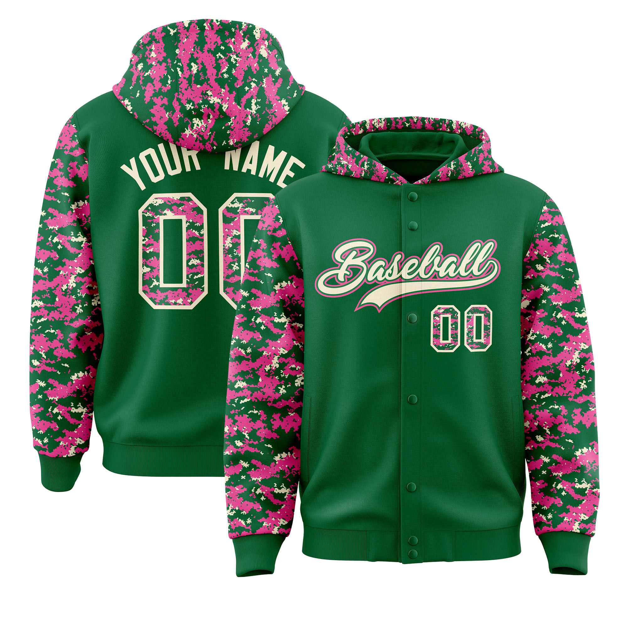Custom Kelly Green Pink-Cream Raglan Sleeves Varsity Full-Snap Letterman Camo Jacket Hoodie| KXKSHOP