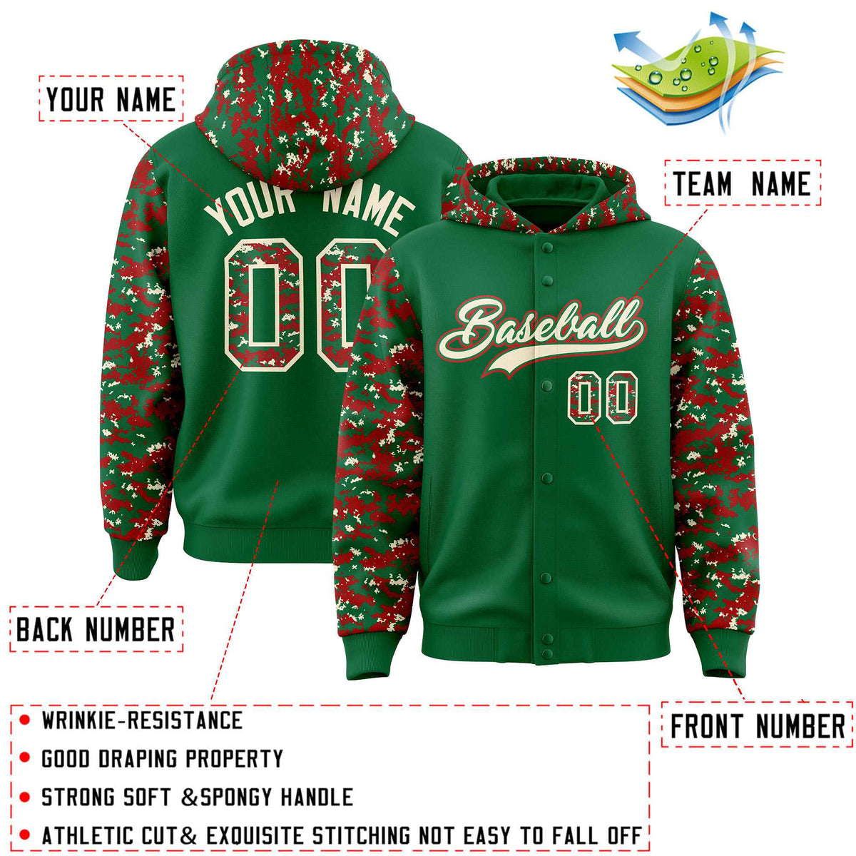 Custom Kelly Green Red-Cream Raglan Sleeves Varsity Full-Snap Letterman Camo Jacket Hoodie| KXKSHOP