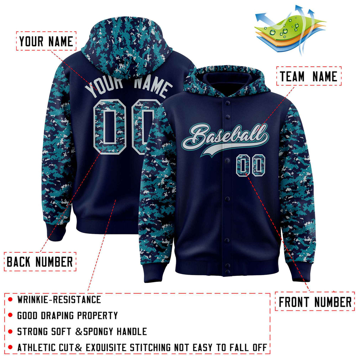 Custom Navy Aqua-Silver Raglan Sleeves Varsity Full-Snap Letterman Camo Jacket Hoodie| KXKSHOP
