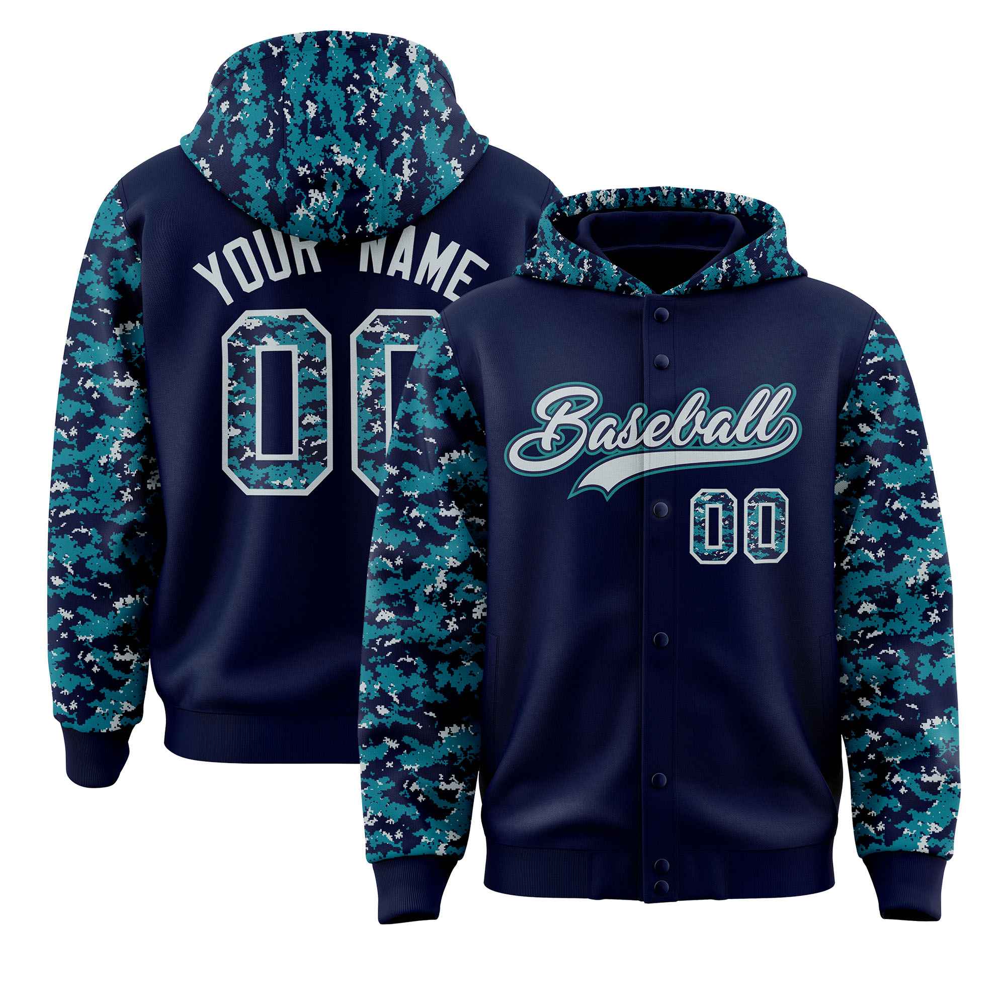 Custom Navy Aqua-Silver Raglan Sleeves Varsity Full-Snap Letterman Camo Jacket Hoodie| KXKSHOP