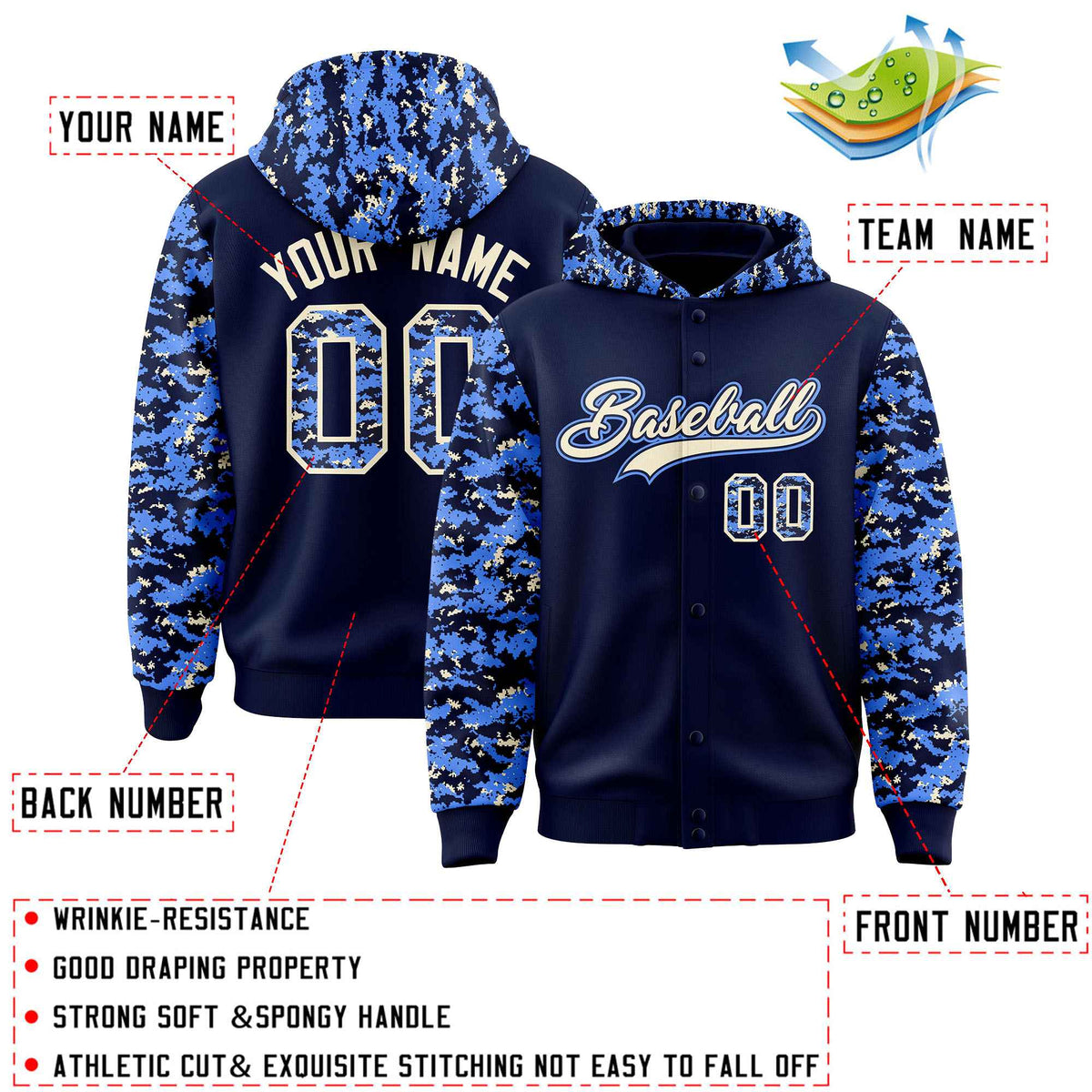 Custom Navy Powder Blue-Cream Raglan Sleeves Varsity Full-Snap Letterman Camo Jacket Hoodie| KXKSHOP