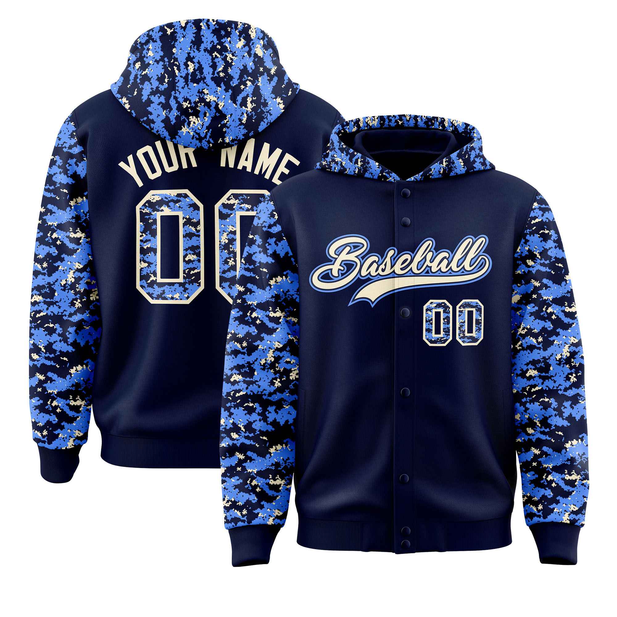 Custom Navy Powder Blue-Cream Raglan Sleeves Varsity Full-Snap Letterman Camo Jacket Hoodie| KXKSHOP