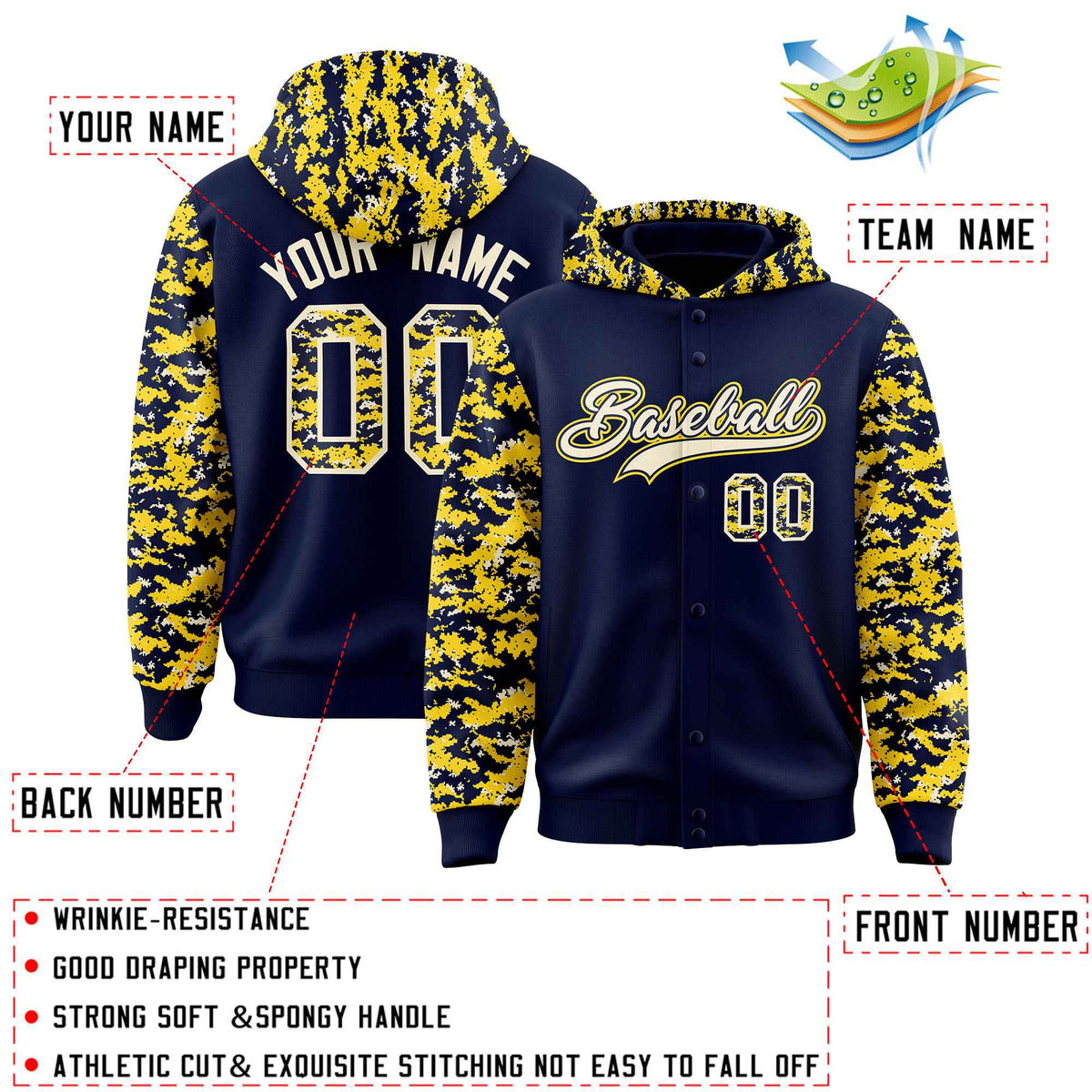 Custom Navy Gold-Cream Raglan Sleeves Varsity Full-Snap Letterman Camo Jacket Hoodie| KXKSHOP