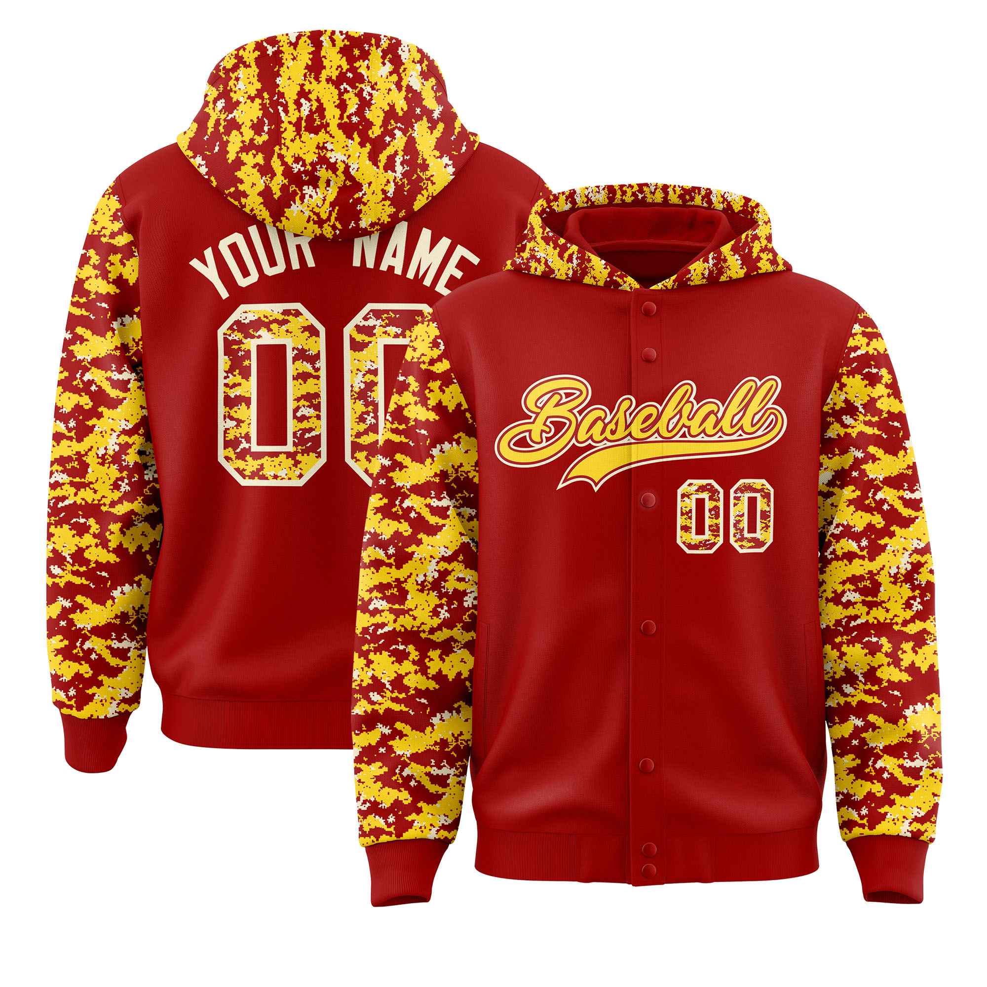 Custom Red Gold-Cream Raglan Sleeves Varsity Full-Snap Letterman Camo Jacket Hoodie| KXKSHOP
