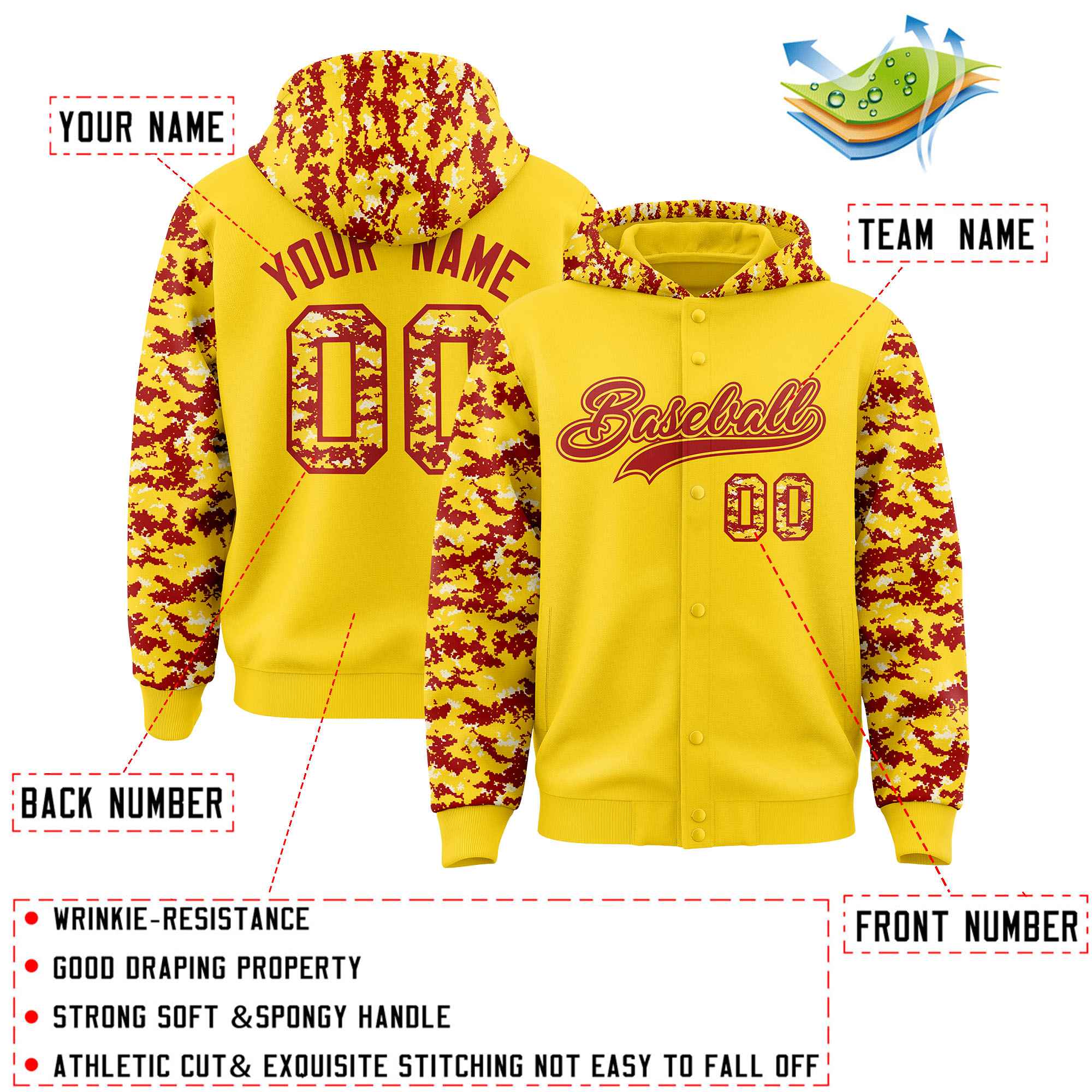Custom Gold Red-Cream Raglan Sleeves Varsity Full-Snap Letterman Camo Jacket Hoodie| KXKSHOP