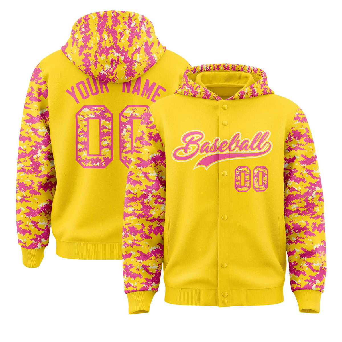 Custom Gold Pink-Cream Raglan Sleeves Varsity Full-Snap Letterman Camo Jacket Hoodie| KXKSHOP