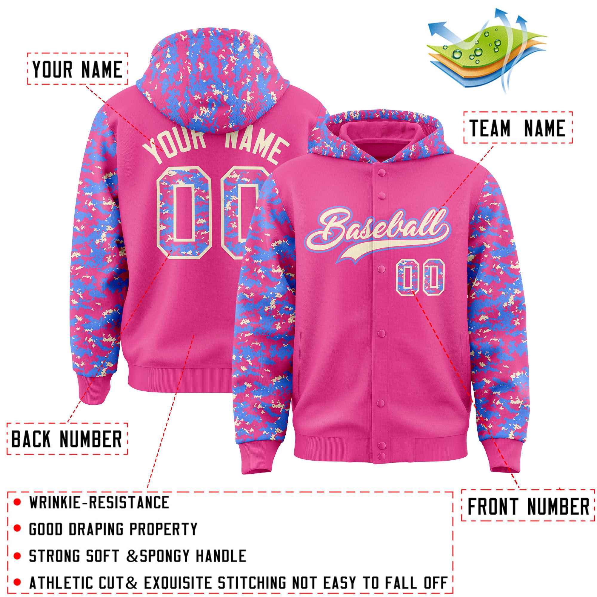 Custom Pink Powder Blue-Cream Raglan Sleeves Varsity Full-Snap Letterman Camo Jacket Hoodie| KXKSHOP
