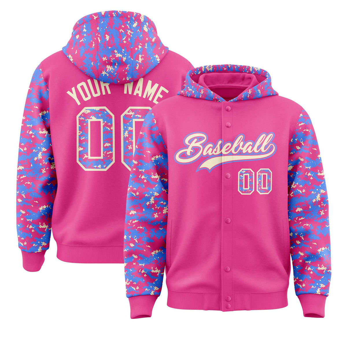 Custom Pink Powder Blue-Cream Raglan Sleeves Varsity Full-Snap Letterman Camo Jacket Hoodie| KXKSHOP