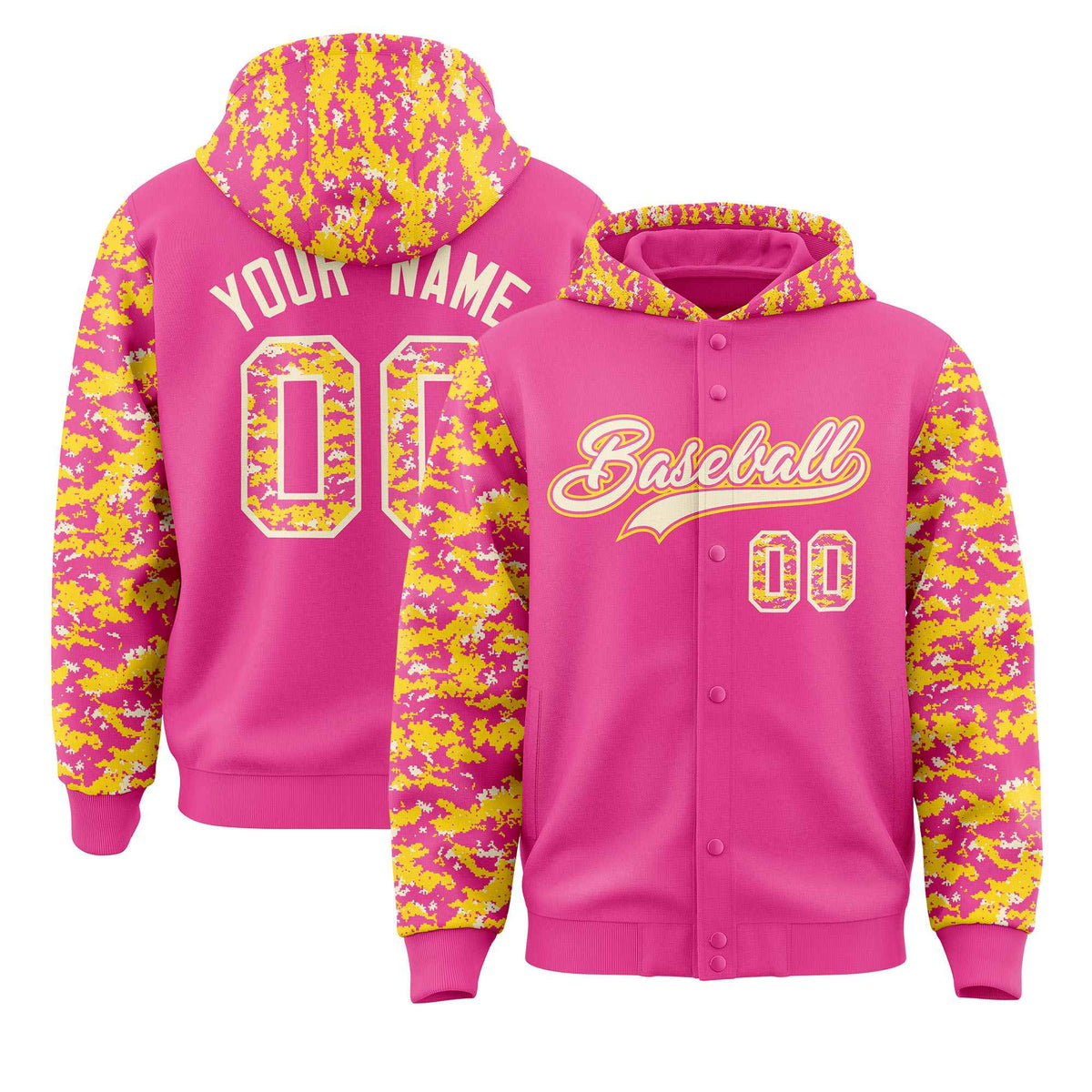 Custom Pink Gold-Cream Raglan Sleeves Varsity Full-Snap Letterman Camo Jacket Hoodie| KXKSHOP