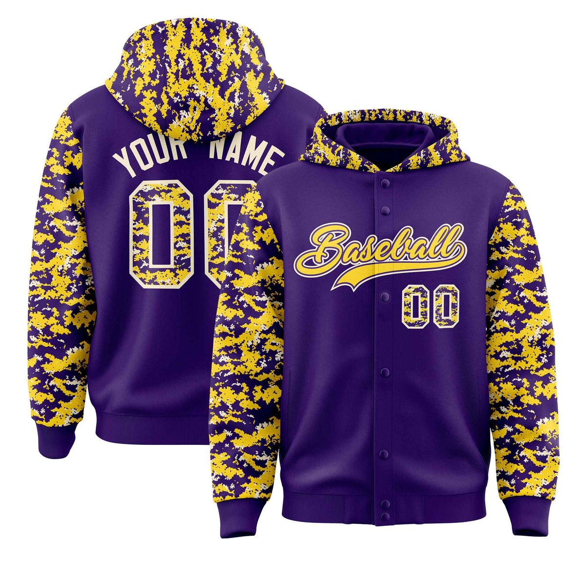 Custom Purple Gold-Cream Raglan Sleeves Varsity Full-Snap Letterman Camo Jacket Hoodie| KXKSHOP