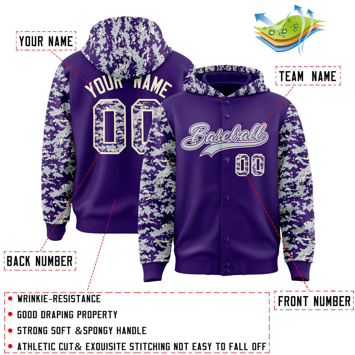 Custom Purple Silver-Cream Raglan Sleeves Varsity Full-Snap Letterman Camo Jacket Hoodie| KXKSHOP