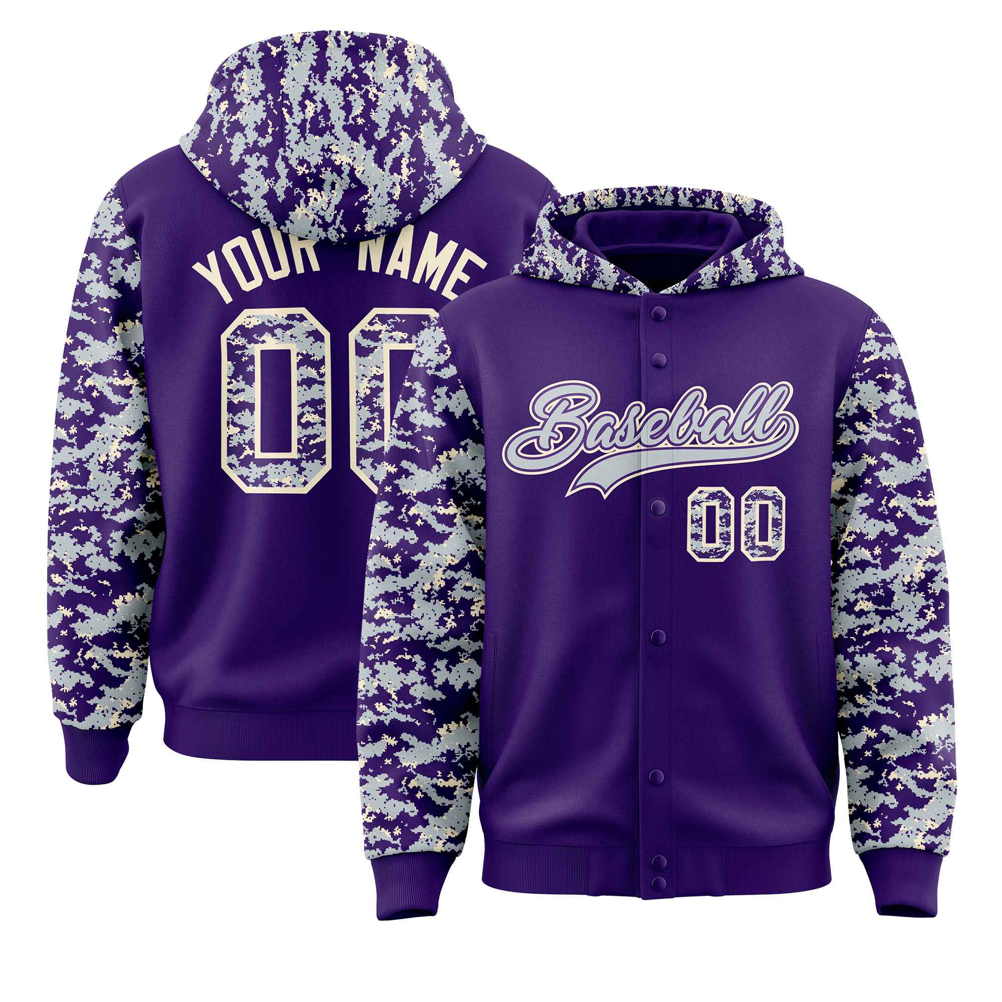 Custom Purple Silver-Cream Raglan Sleeves Varsity Full-Snap Letterman Camo Jacket Hoodie| KXKSHOP