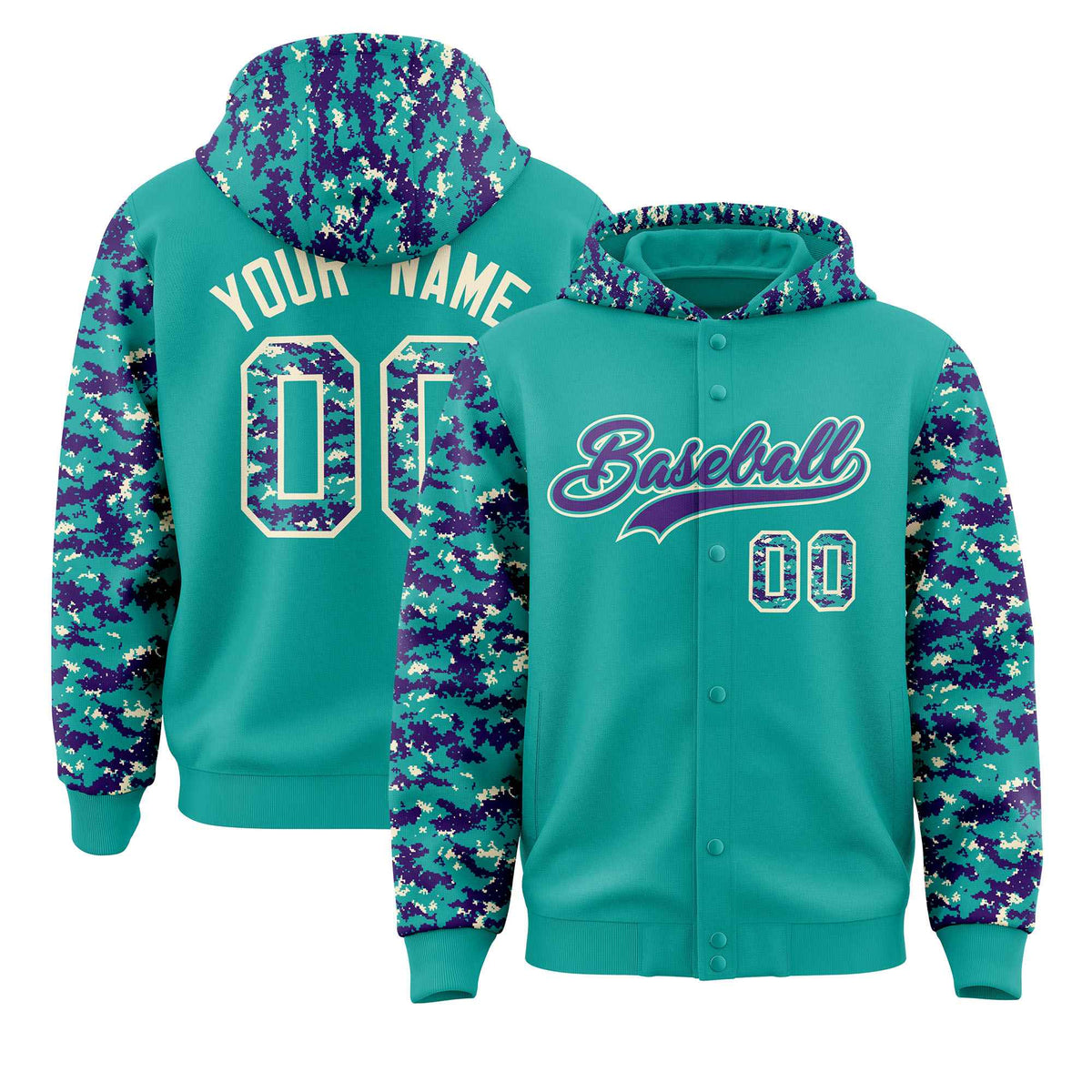 Custom Aqua Purple-Cream Raglan Sleeves Varsity Full-Snap Letterman Camo Jacket Hoodie| KXKSHOP