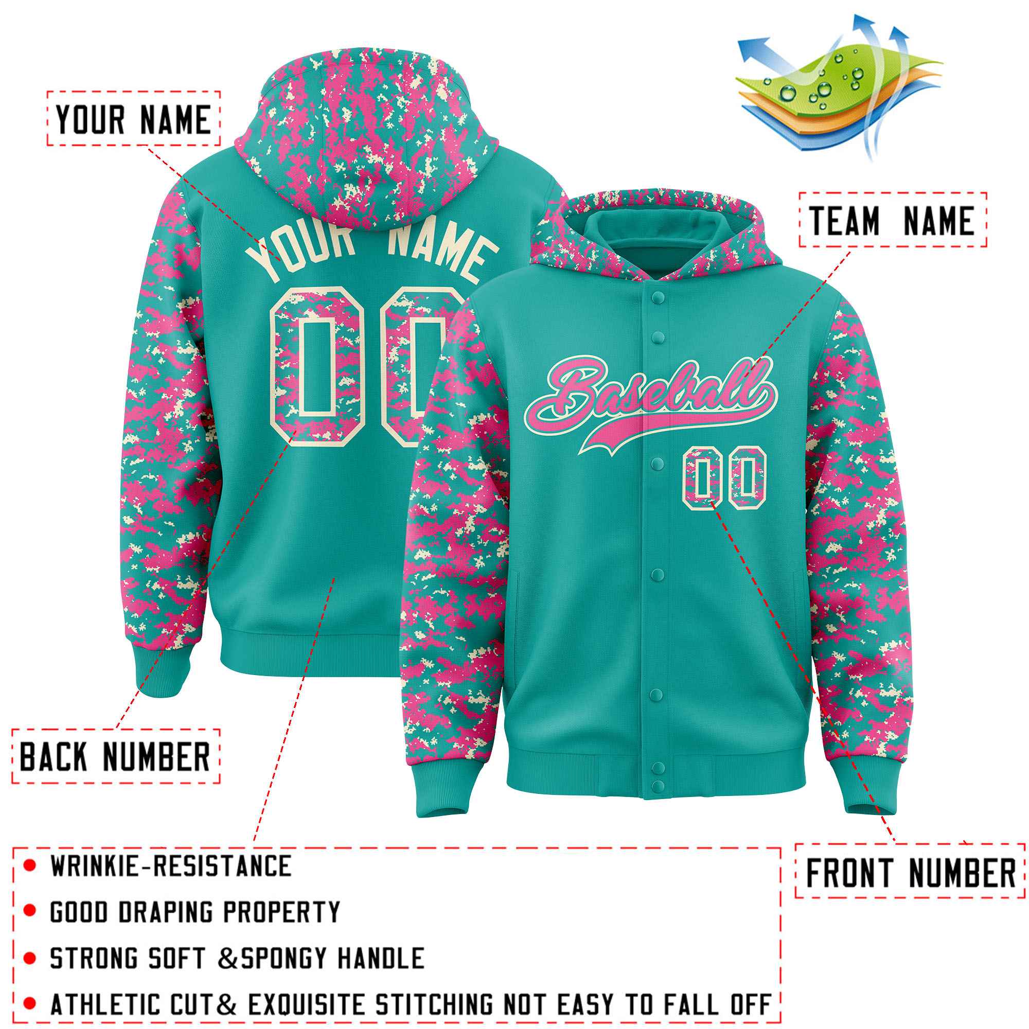 Custom Aqua Pink-Cream Raglan Sleeves Varsity Full-Snap Letterman Camo Jacket Hoodie| KXKSHOP