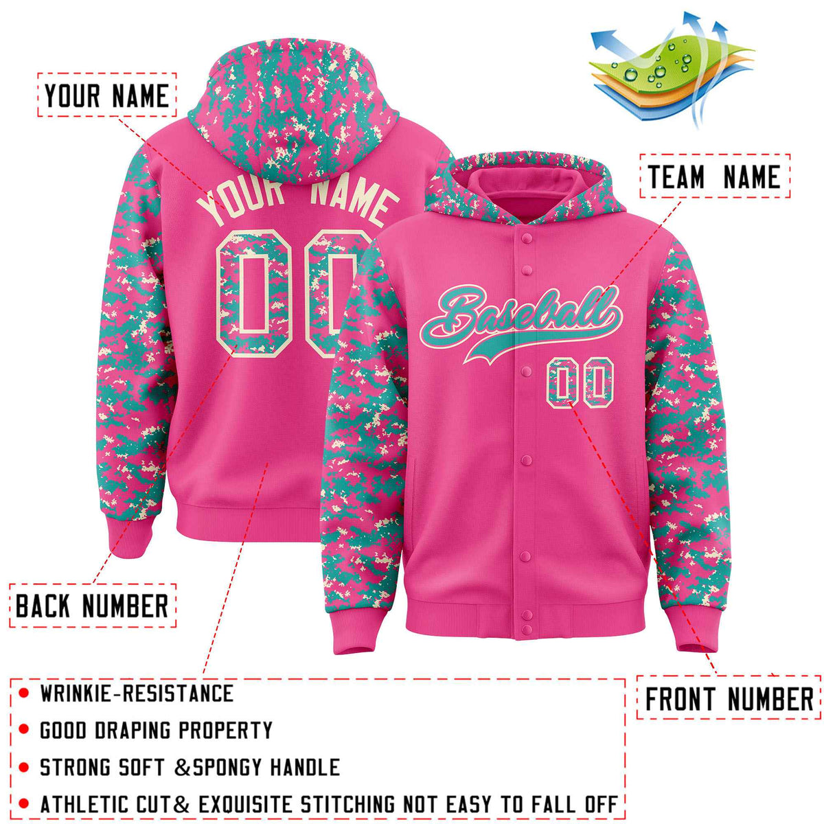 Custom Pink Aqua-Cream Raglan Sleeves Varsity Full-Snap Letterman Camo Jacket Hoodie| KXKSHOP
