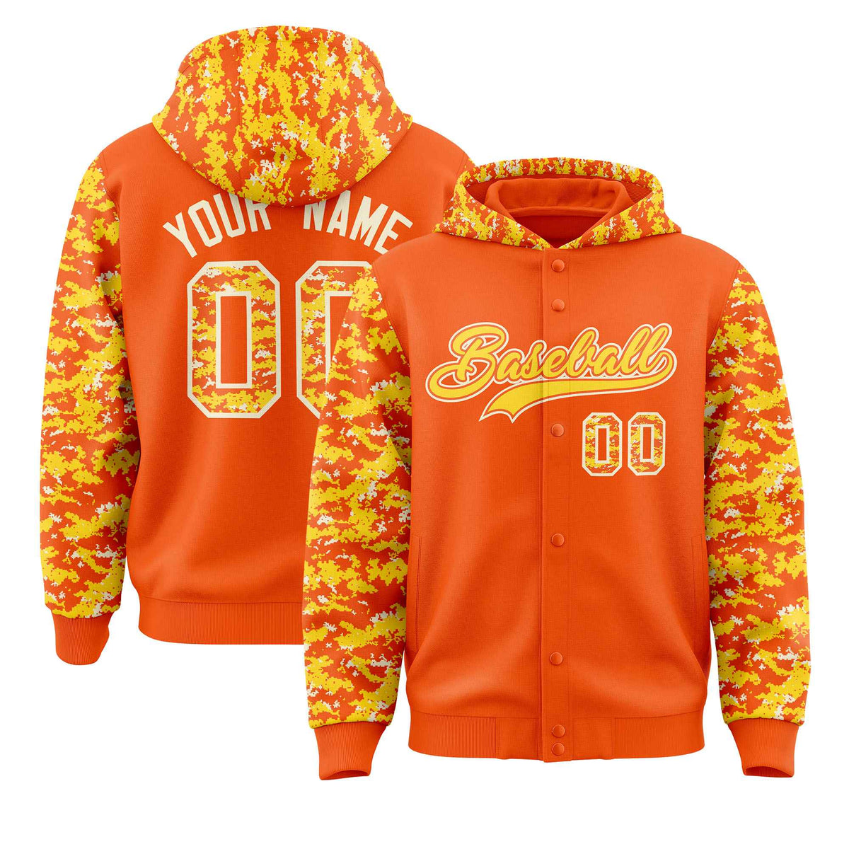 Custom Orange Gold-Cream Raglan Sleeves Varsity Full-Snap Letterman Camo Jacket Hoodie| KXKSHOP