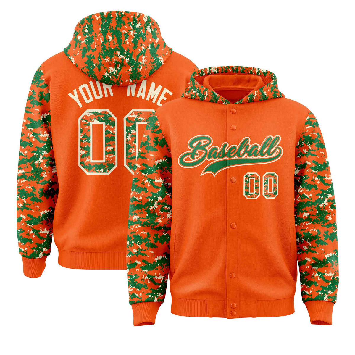 Custom Orange Kelly Green-Cream Raglan Sleeves Varsity Full-Snap Letterman Camo Jacket Hoodie| KXKSHOP
