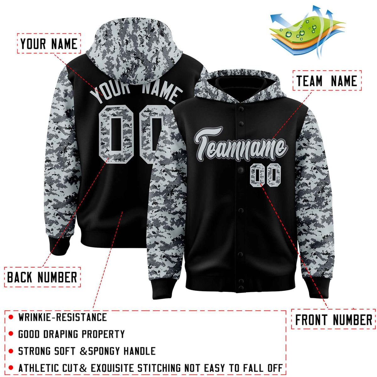 Custom Black Silver-Gray Raglan Sleeves Varsity Full-Snap Letterman Camo Jacket Hoodie| KXKSHOP