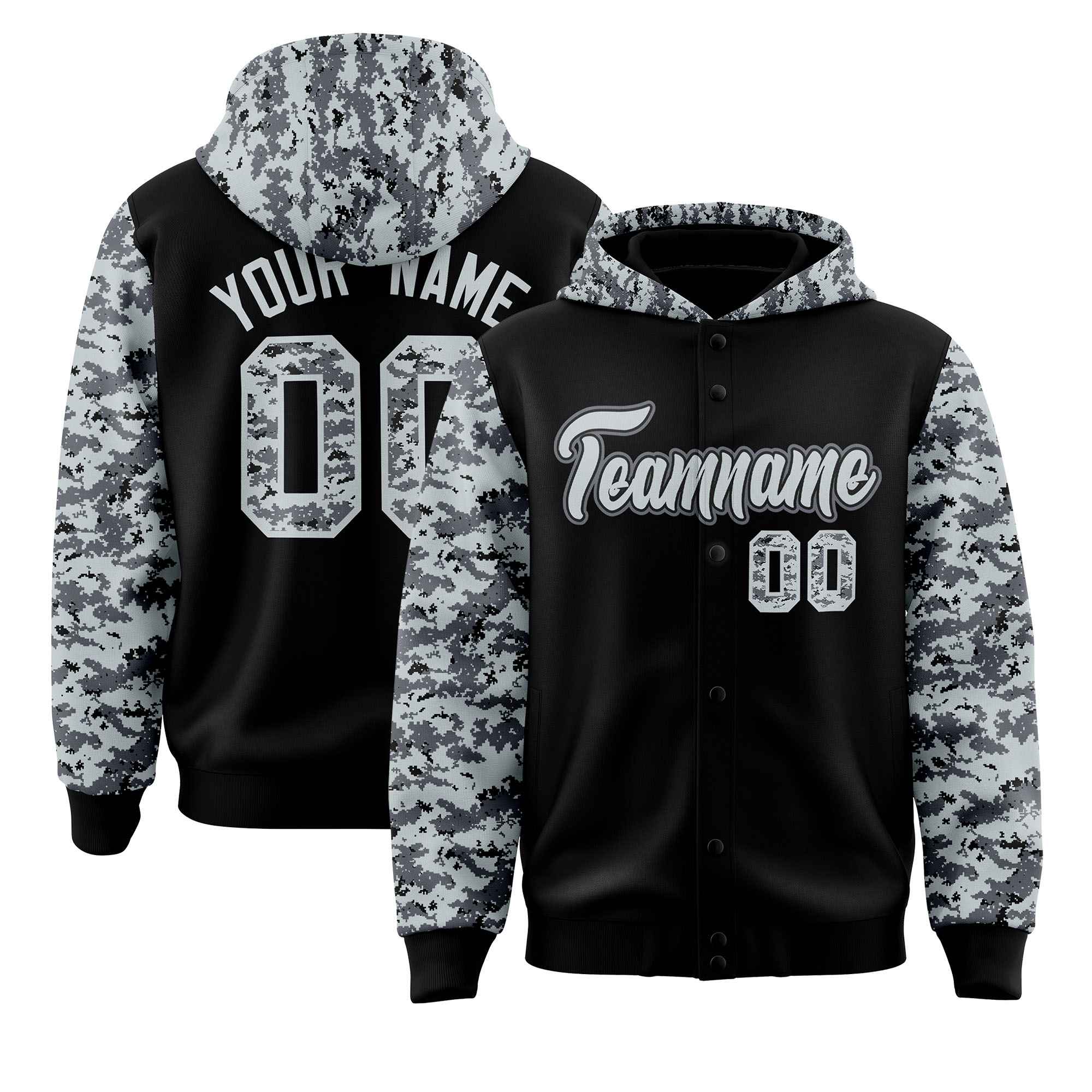 Custom Black Silver-Gray Raglan Sleeves Varsity Full-Snap Letterman Camo Jacket Hoodie| KXKSHOP