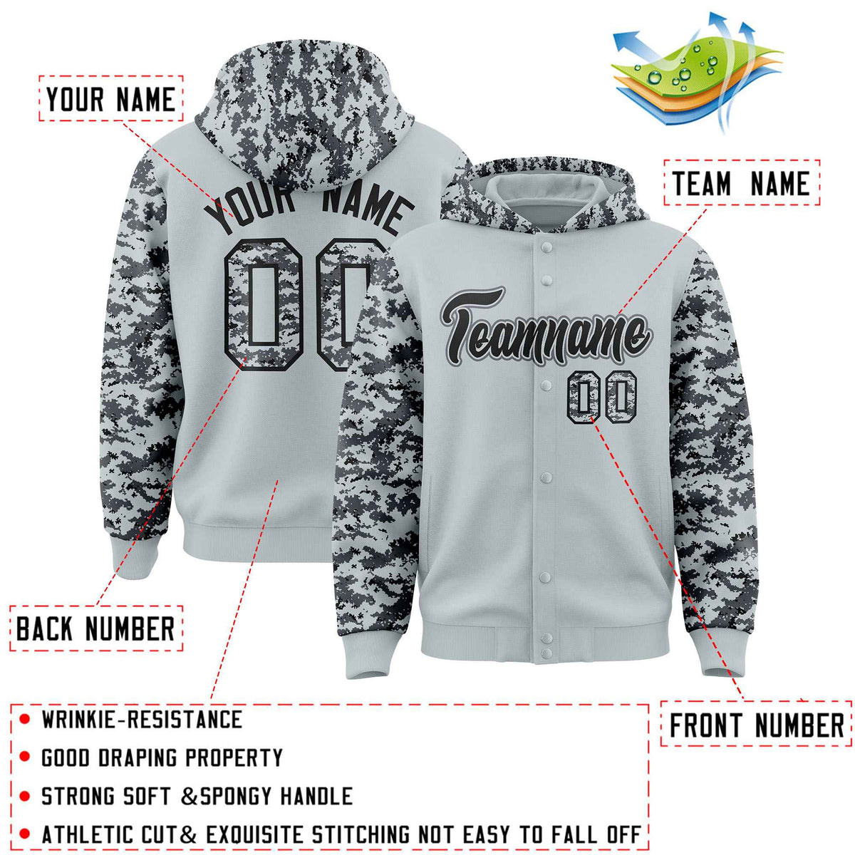 Custom Silver Gray-Black Raglan Sleeves Varsity Full-Snap Letterman Camo Jacket Hoodie| KXKSHOP