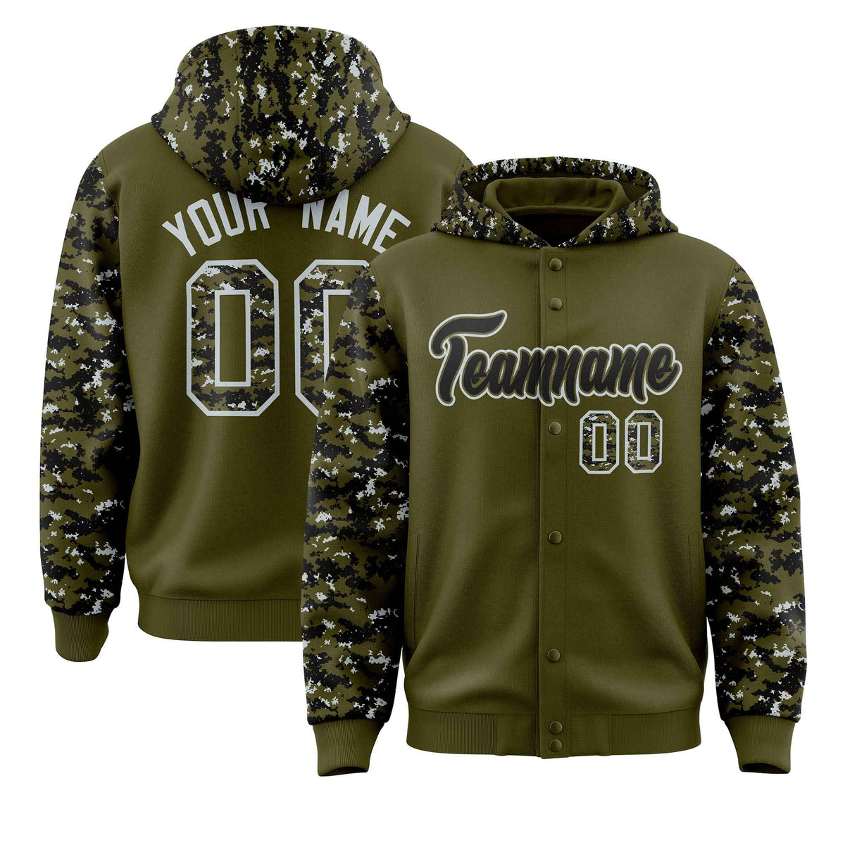 Custom Olive Black-Silver Raglan Sleeves Varsity Full-Snap Letterman Camo Jacket Hoodie| KXKSHOP