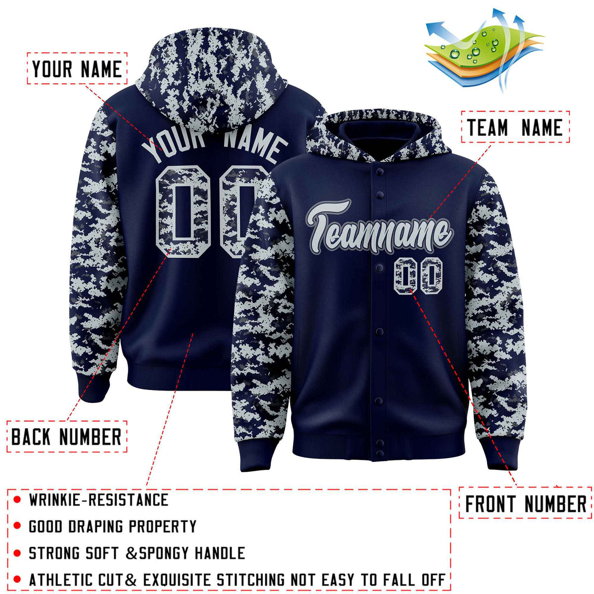 Custom Navy Silver-Gray Raglan Sleeves Varsity Full-Snap Letterman Camo Jacket Hoodie| KXKSHOP