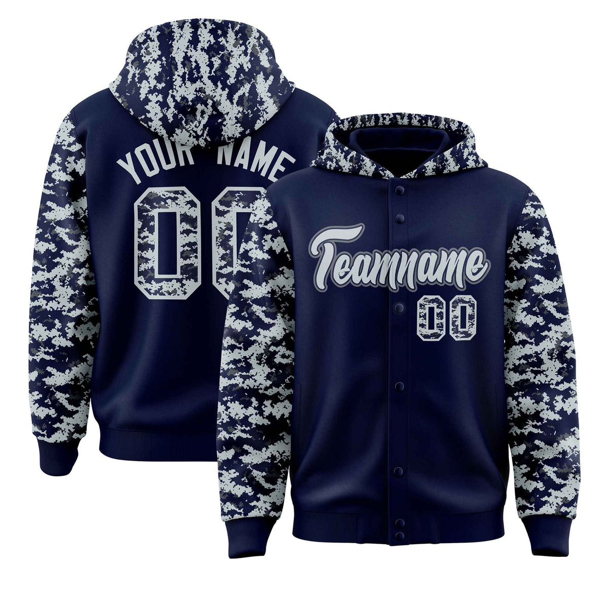 Custom Navy Silver-Gray Raglan Sleeves Varsity Full-Snap Letterman Camo Jacket Hoodie| KXKSHOP