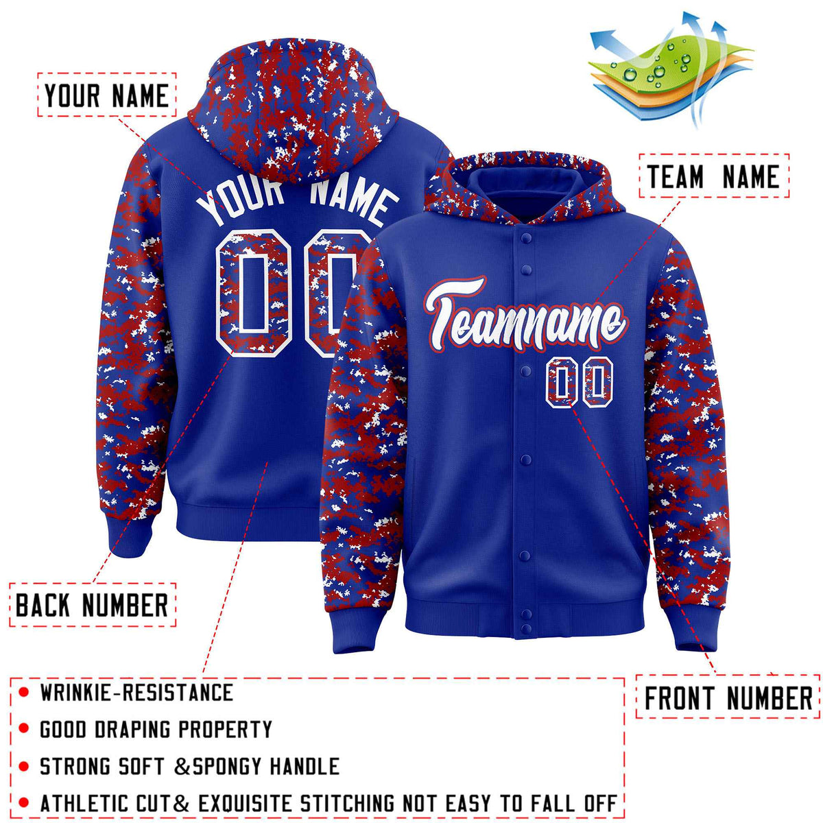 Custom Royal Red-White Raglan Sleeves Varsity Full-Snap Letterman Camo Jacket Hoodie| KXKSHOP