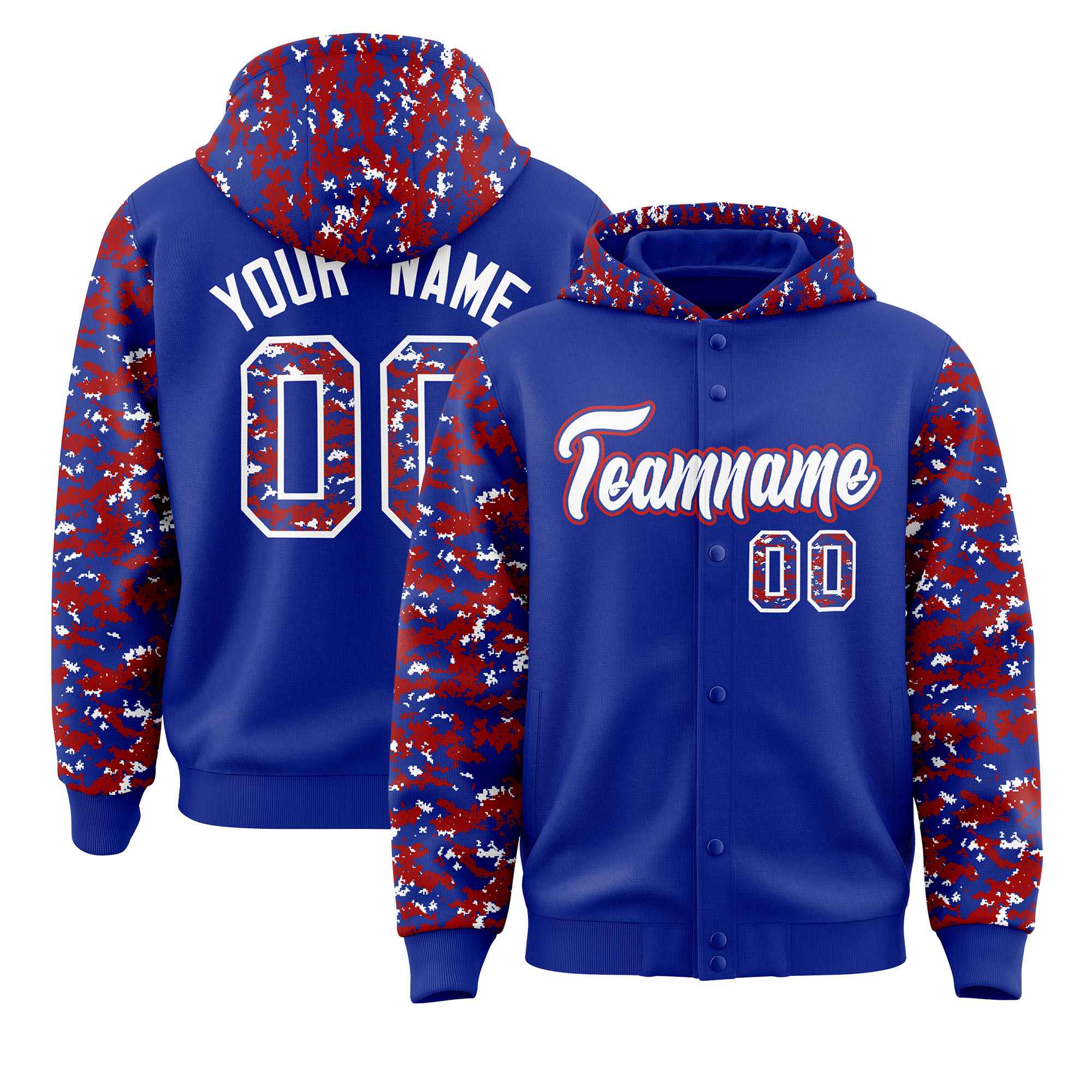 Custom Royal Red-White Raglan Sleeves Varsity Full-Snap Letterman Camo Jacket Hoodie| KXKSHOP