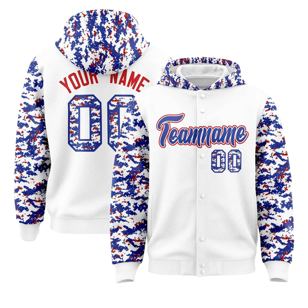 Custom White Royal-Red Raglan Sleeves Varsity Full-Snap Letterman Camo Jacket Hoodie| KXKSHOP
