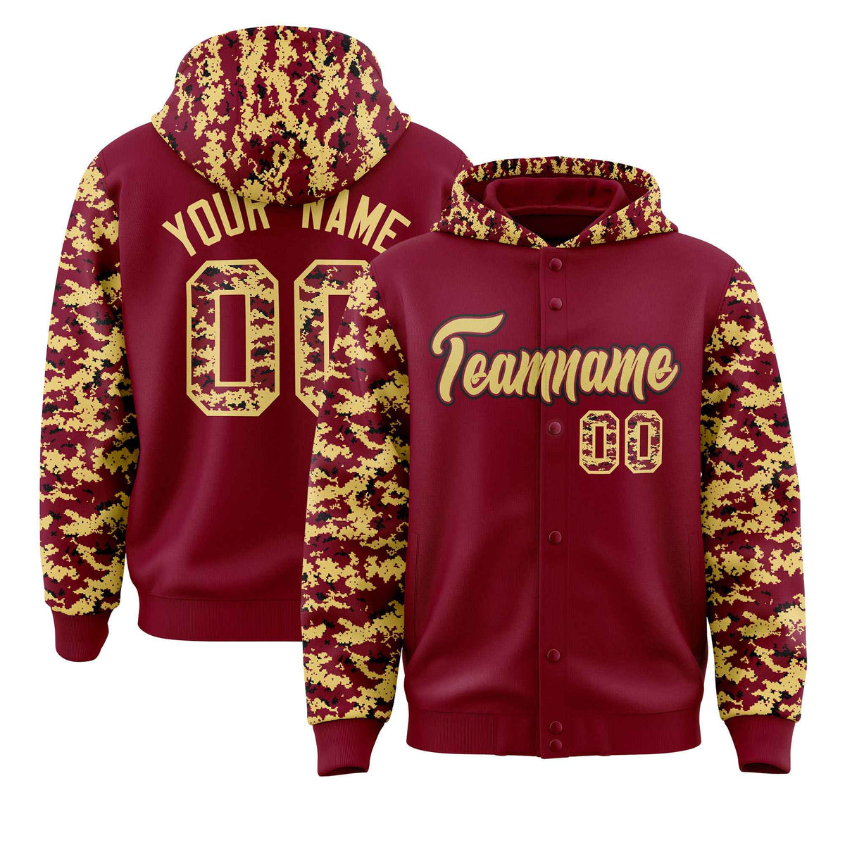 Custom Crimson Khaki-Black Raglan Sleeves Varsity Full-Snap Letterman Camo Jacket Hoodie| KXKSHOP