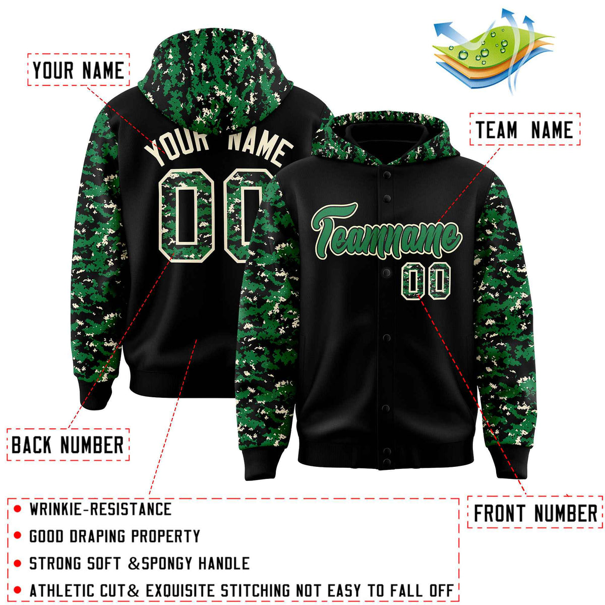 Custom Black Kelly Green-Cream Raglan Sleeves Varsity Full-Snap Letterman Camo Jacket Hoodie| KXKSHOP