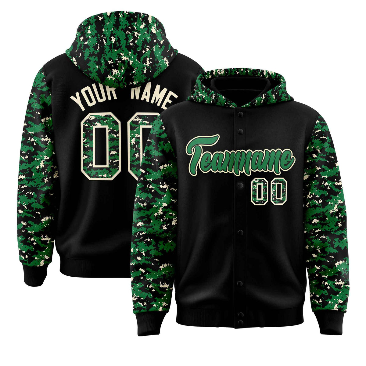 Custom Black Kelly Green-Cream Raglan Sleeves Varsity Full-Snap Letterman Camo Jacket Hoodie| KXKSHOP