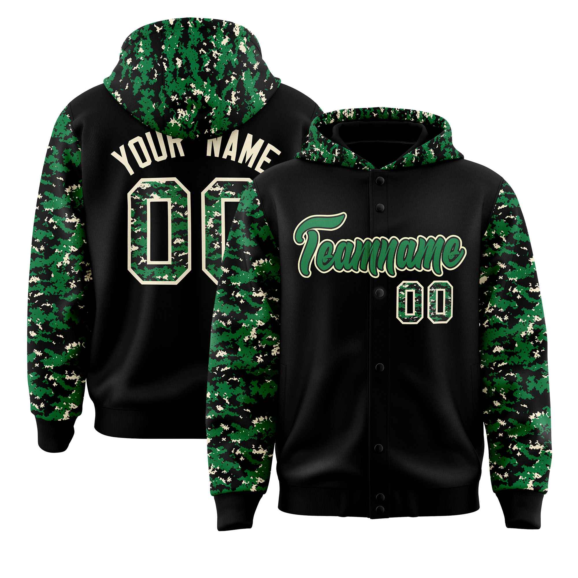Custom Black Kelly Green-Cream Raglan Sleeves Varsity Full-Snap Letterman Camo Jacket Hoodie| KXKSHOP