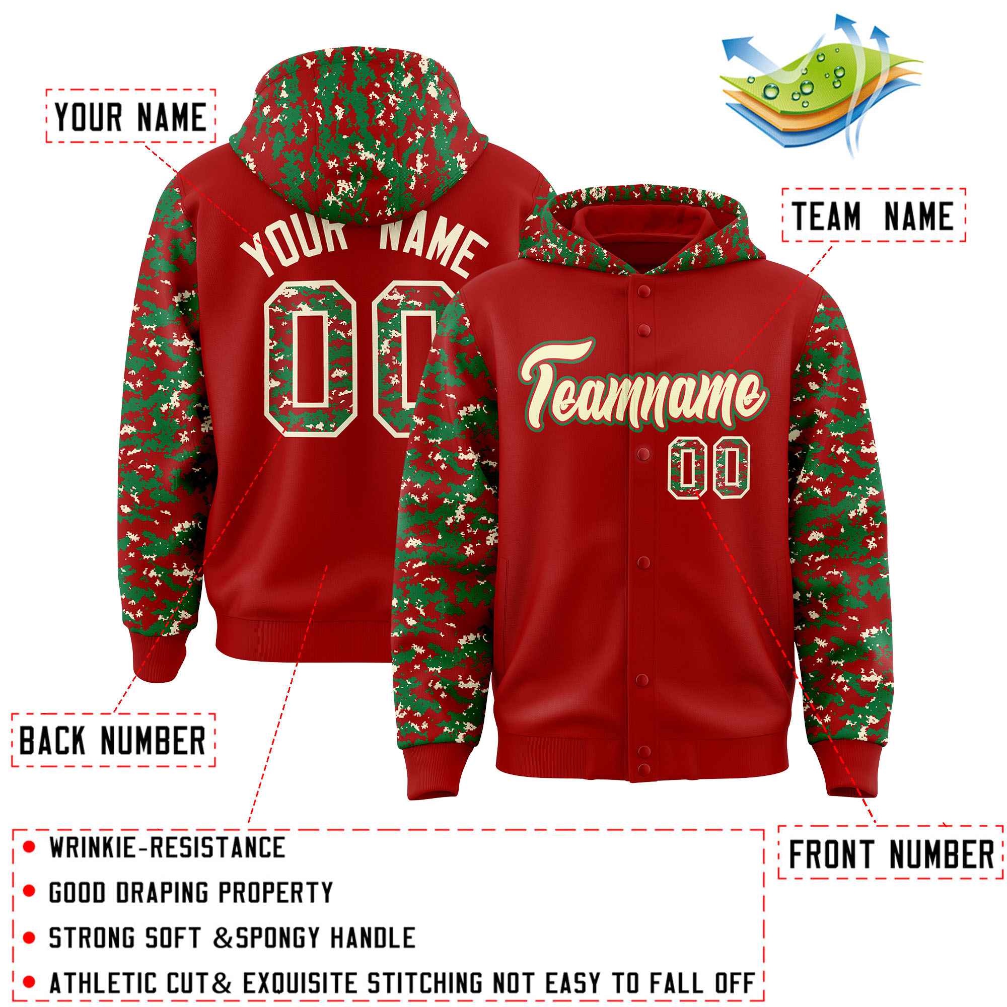 Custom Red Kelly Green-Cream Raglan Sleeves Varsity Full-Snap Letterman Camo Jacket Hoodie| KXKSHOP