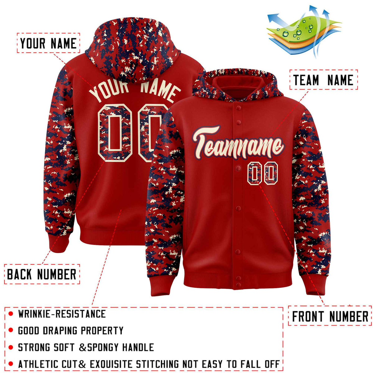 Custom Red Navy-Cream Raglan Sleeves Varsity Full-Snap Letterman Camo Jacket Hoodie| KXKSHOP