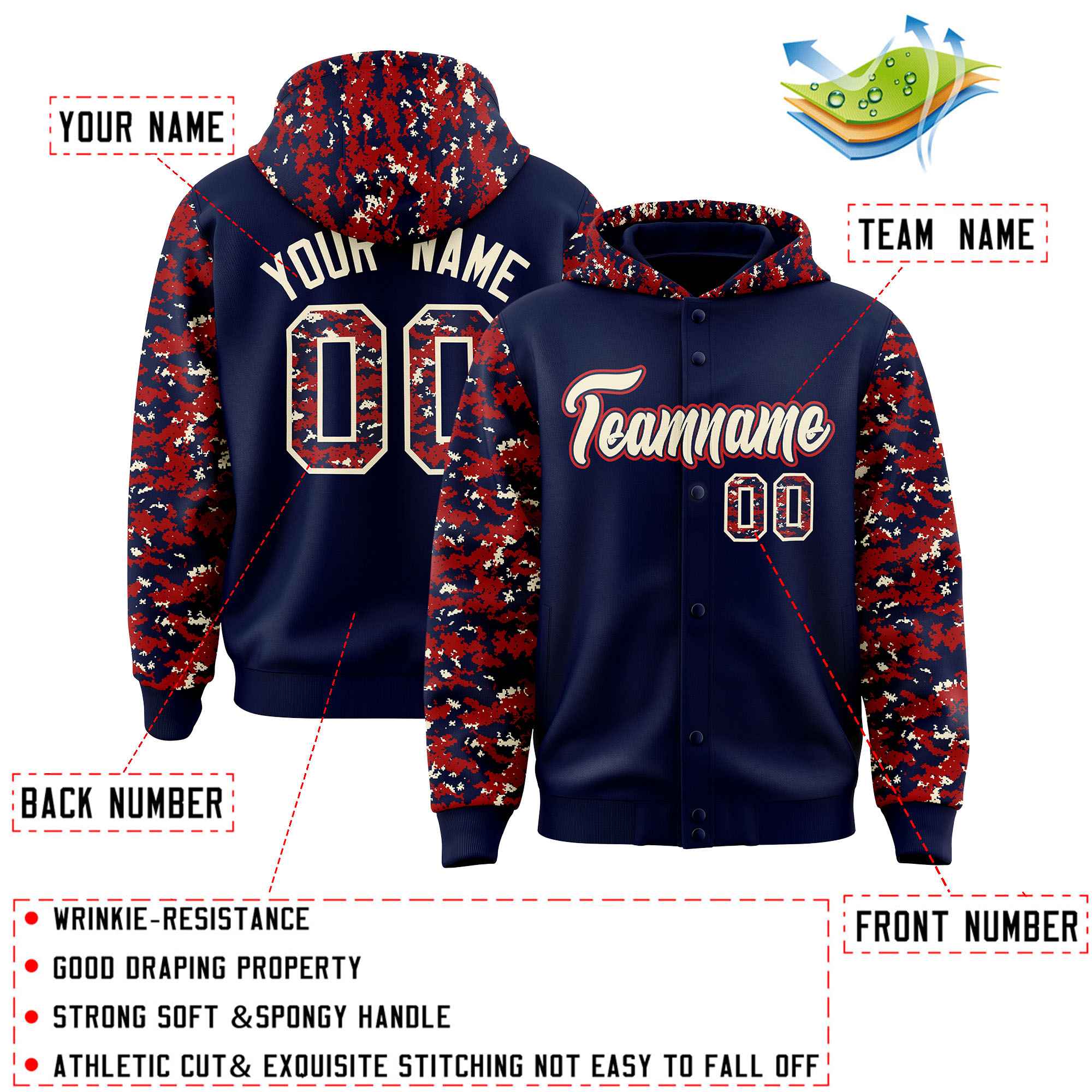 Custom Navy Red-Cream Raglan Sleeves Varsity Full-Snap Letterman Camo Jacket Hoodie| KXKSHOP