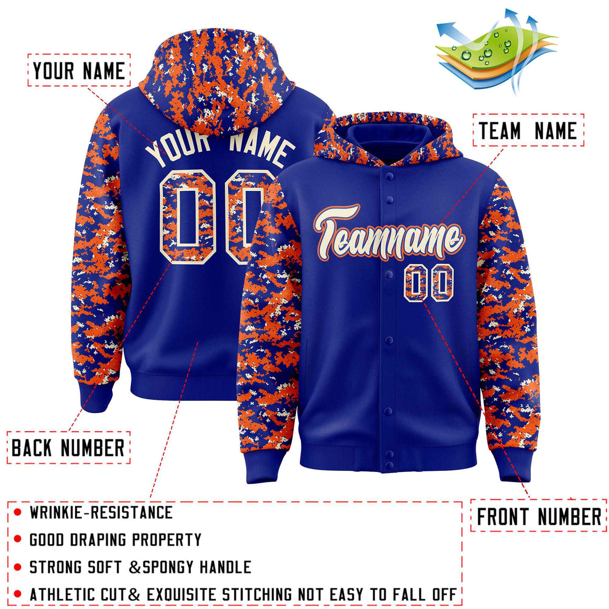 Custom Royal Orange-Cream Raglan Sleeves Varsity Full-Snap Letterman Camo Jacket Hoodie| KXKSHOP
