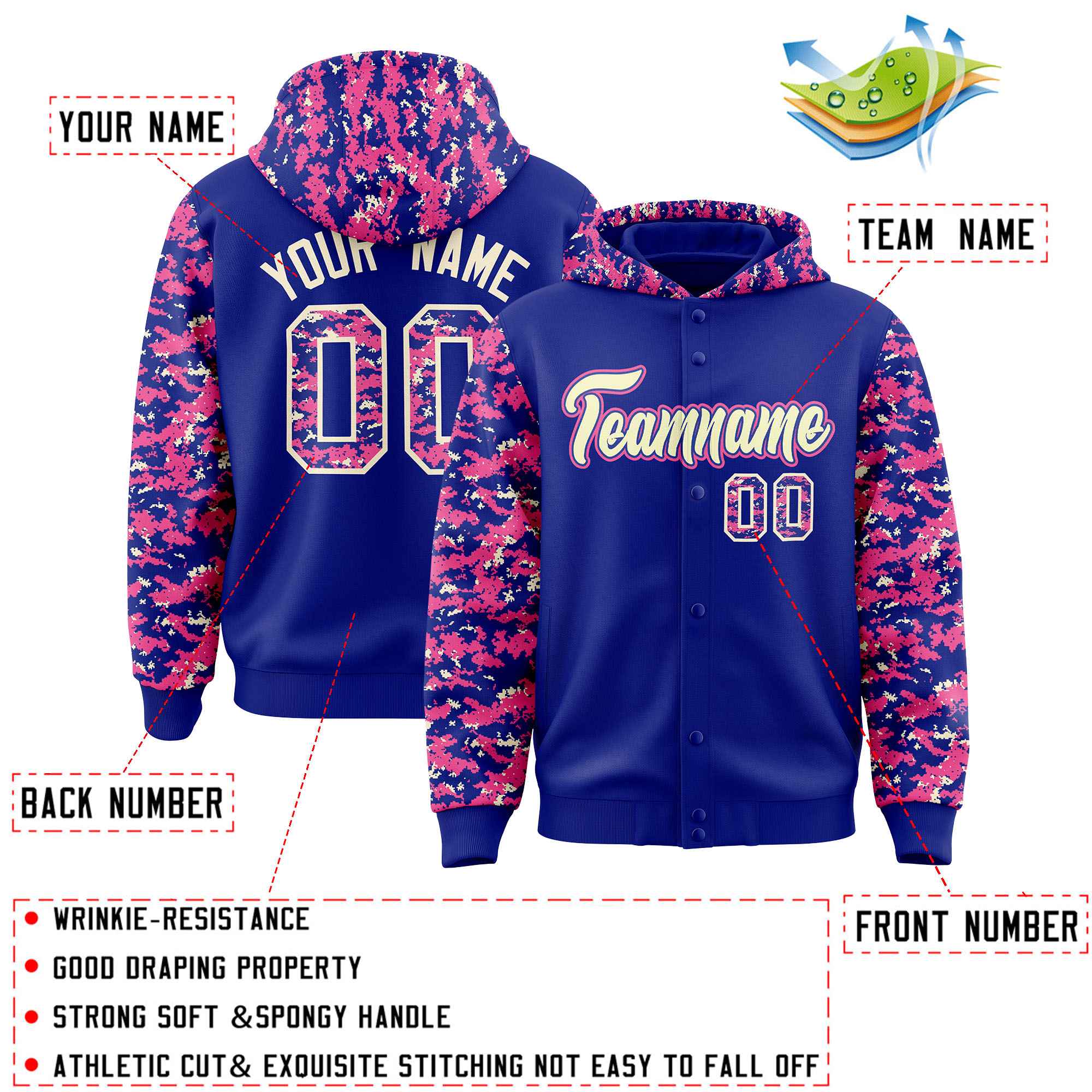 Custom Royal Pink-Cream Raglan Sleeves Varsity Full-Snap Letterman Camo Jacket Hoodie| KXKSHOP