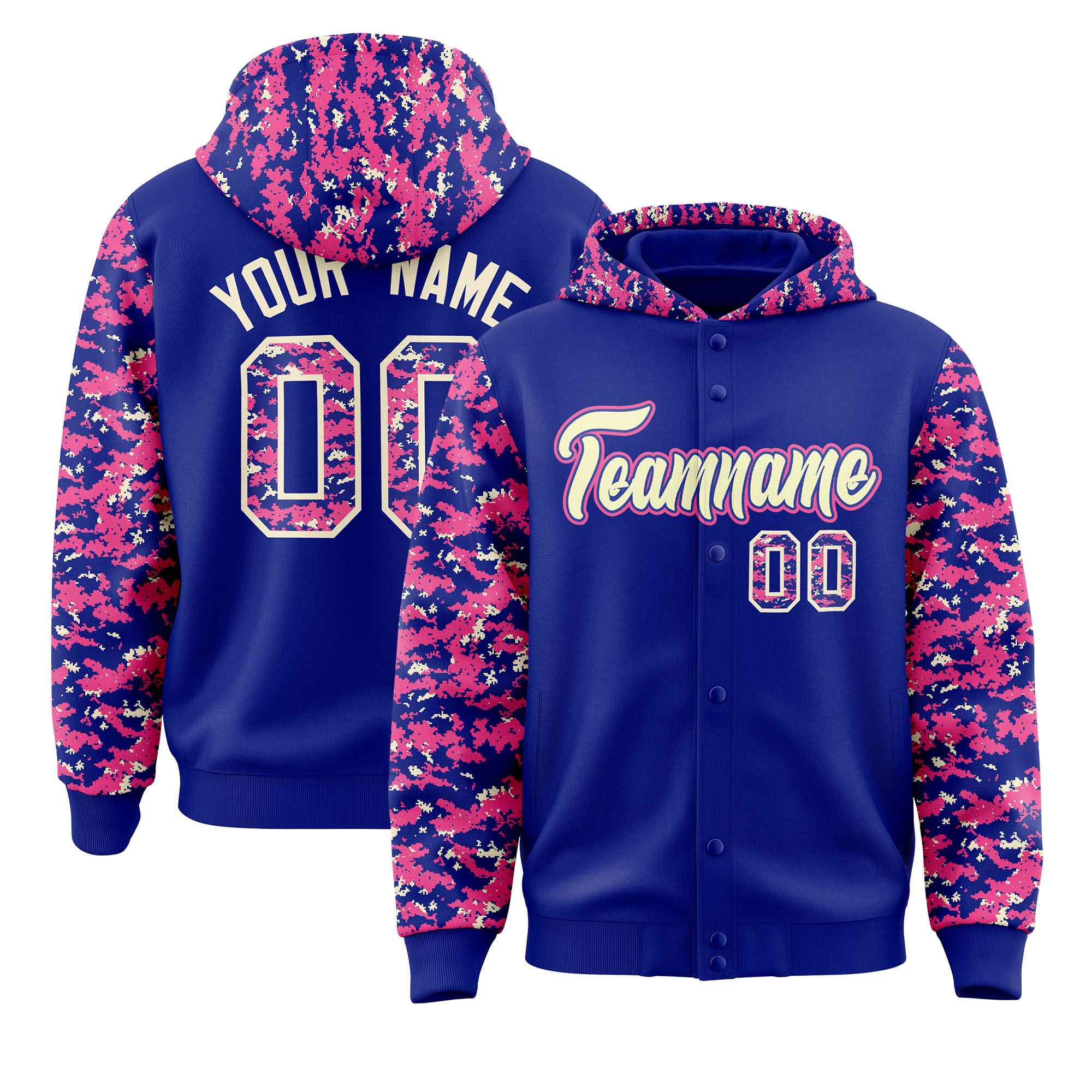 Custom Royal Pink-Cream Raglan Sleeves Varsity Full-Snap Letterman Camo Jacket Hoodie| KXKSHOP
