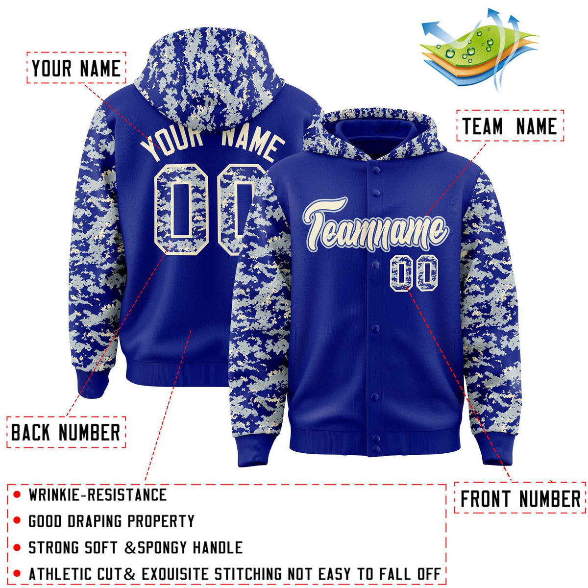 Custom Royal Silver-Cream Raglan Sleeves Varsity Full-Snap Letterman Camo Jacket Hoodie| KXKSHOP