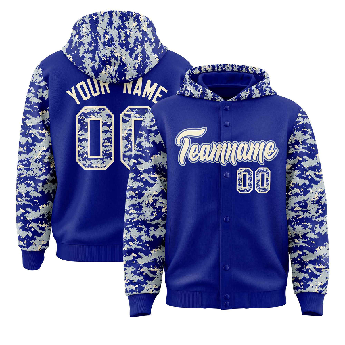 Custom Royal Silver-Cream Raglan Sleeves Varsity Full-Snap Letterman Camo Jacket Hoodie| KXKSHOP